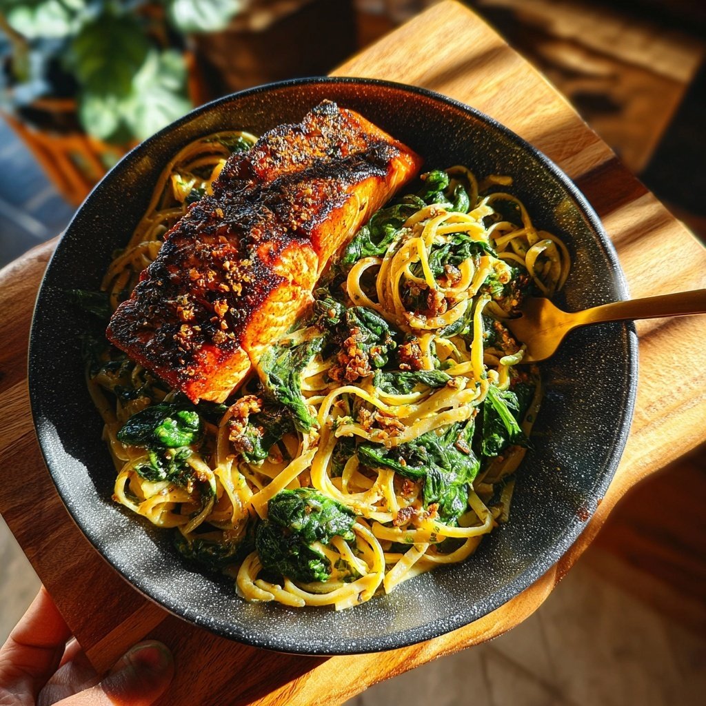 Cajun Salmon and Spinach Pasta
