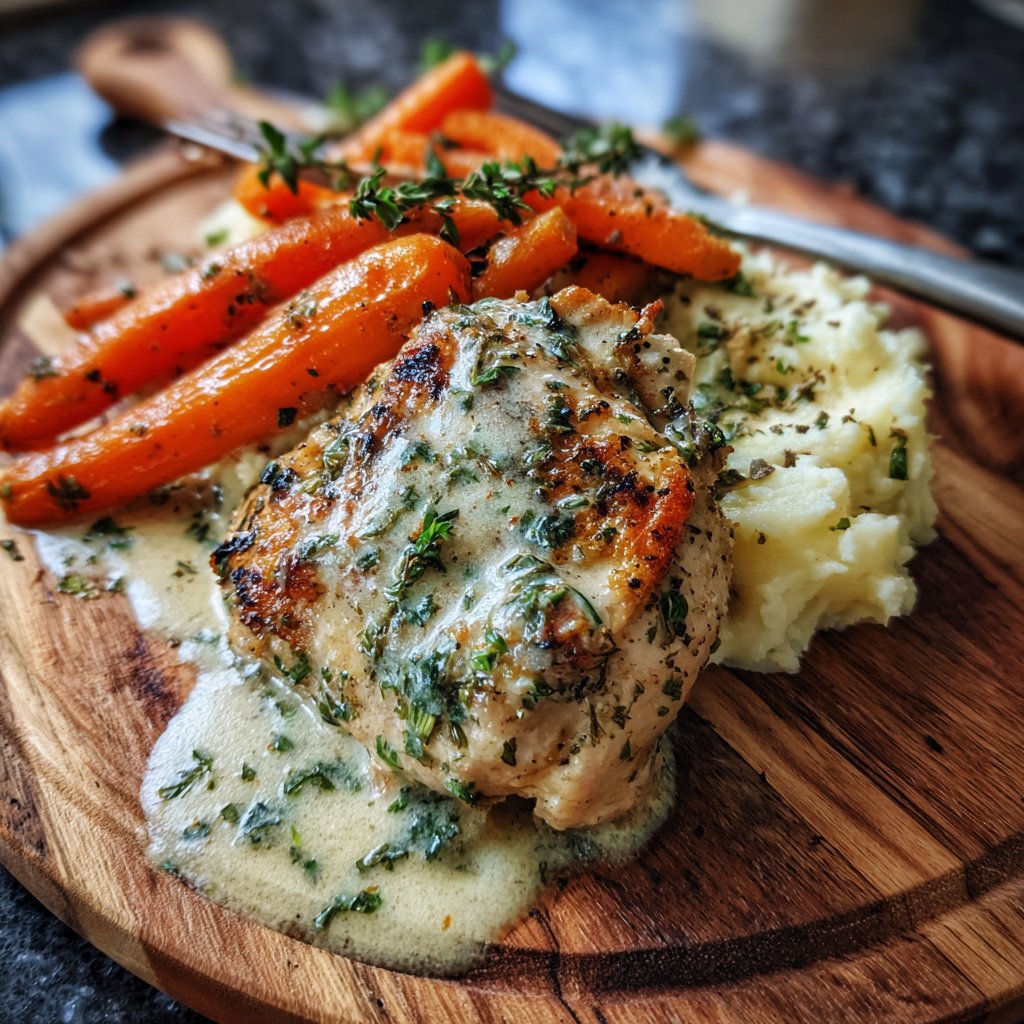 Creamy Herb Chicken with Mashed Potatoes and Glazed Carrots
